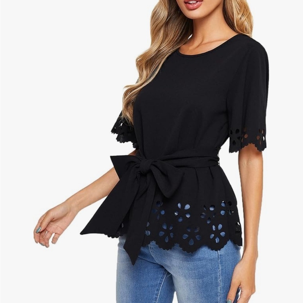 Black Laser Cut Tie Waist Peplum Blouse XXL Bohemian Feminine Romantic - Picture 1 of 13